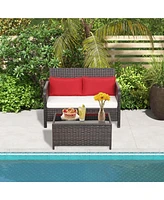 2PCS Patio Rattan Furniture Set Cushioned Loveseat Table Garden Deck