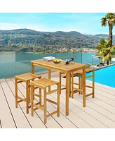 5 Pcs Acacia Wood Bar Table Set 45" Rectangular Dining Table & 4 Saddle Stools