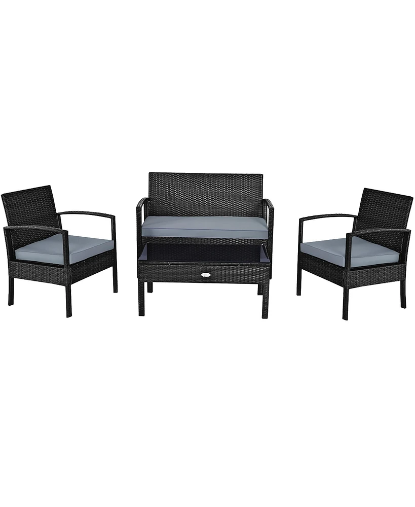 4PCS Patio Rattan Wicker Furniture Set Brown Loveseat Sofa