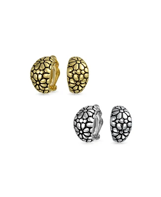 Bling Jewelry Set of Two Flower Half Hoop Clip-On Earrings Shrimp Style Oxidized Gold Plated