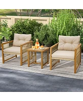 Gymax 3PCS Patio Acacia Wood Pe Wicker Furniture Set w/ Soft Seat & Back Cushions