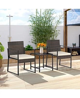 Gymax 3PCS Patio Rattan Hand-Woven Pe Wicker Bistro Set Outdoor Furniture Set w/ Table & Cushion