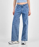 Juniors' Tonal Leopard-Print Wide-Leg Jeans