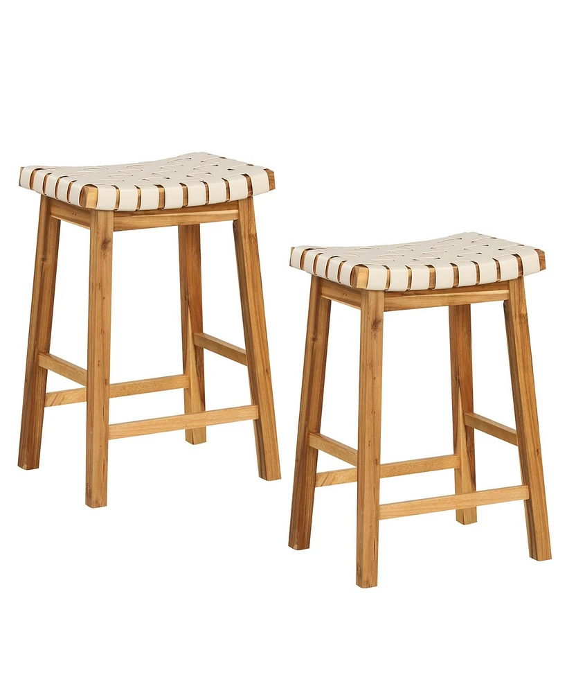 Woven Saddle Stools Set of 2 25.5'' Faux Pu Leather Counter Height Kitchen Stool