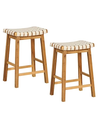 Woven Saddle Stools Set of 2 25.5'' Faux Pu Leather Counter Height Kitchen Stool