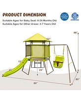 Slickblue Boys 4-in-1 Swing Set with Covered Playhouse Fort and Height Adjustable Seat
