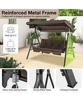 Convertible 3-Seat Patio Porch Swing Chair to Flat Bed with Adjustable Canopy