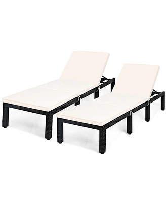2PCS Patio Garden Rattan Lounge Chair Chaise Couch Cushioned Height Adjustable