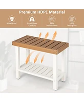 2-Tier Hdpe Shower Chair with Storage Shelf and Anti-slip Foot Pads for Bath Spa-Brown