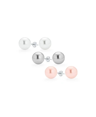 Bling Jewelry Set of 3 Grey Pink White Simulated Pearl Ball Stud Earrings Sterling Silver 12MM