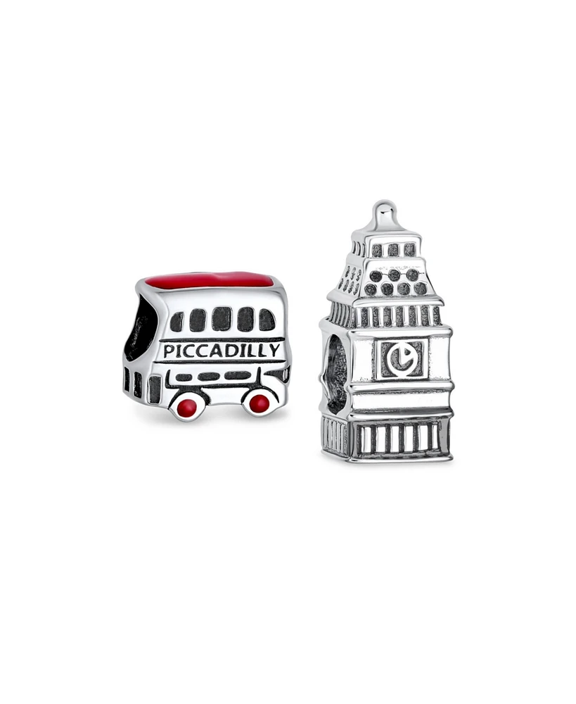 Bling Jewelry Set of 2 London Big Ben and Double Decker Bus Charm Bead Sterling Silver