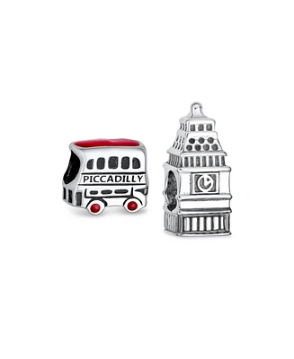Bling Jewelry Set of 2 London Big Ben and Double Decker Bus Charm Bead Sterling Silver