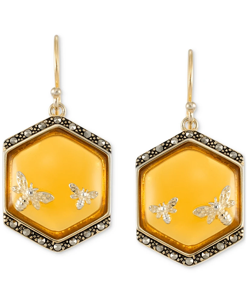 Amber & Marcasite Polygon Bee Drop Earrings in 18k Gold-Plated Sterling Silver