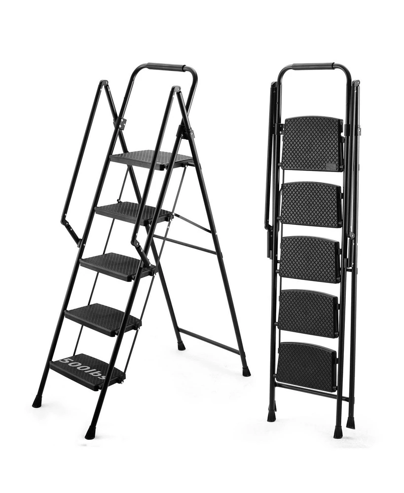 5 Step Lightweight Folding Ladder with Wide Anti-Slip Pedal and Safety Handle, Multi-Purpose Steel Step Ladder
