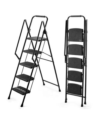 5 Step Lightweight Folding Ladder with Wide Anti-Slip Pedal and Safety Handle, Multi-Purpose Steel Step Ladder