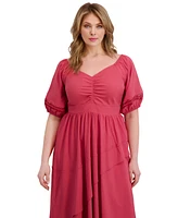 Siena Plus Puff-Sleeve Asymmetric-Hem Midi Dress