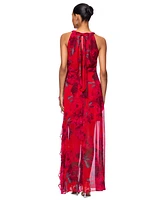 Betsy & Adam Petite Printed Ruffled Halter Gown