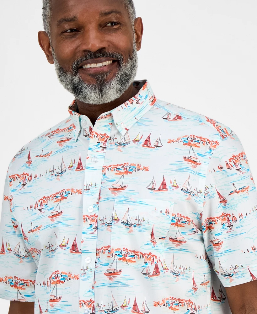 Club Room Men's Short Sleeve Sailboat Scene Print Button-Down Shirt, Exclusively at Macy's
