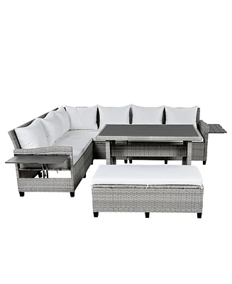 Mondawe 5-Piece Outdoor Sectional Pe Wicker L-Shaped Garden Furniture Set with 2 Extendable Side Tables, Dining Table and Washable Covers