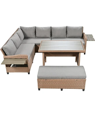 Mondawe 5-Piece Outdoor Sectional Pe Wicker L-Shaped Garden Furniture Set with 2 Extendable Side Tables, Dining Table and Washable Covers