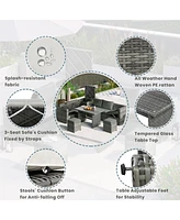 Mondawe Outdoor 6-Piece All Weather Pe Rattan Sectional Furniture Set with Adjustable Seat, Storage Box, Removable Covers and Tempered Glass Top Table
