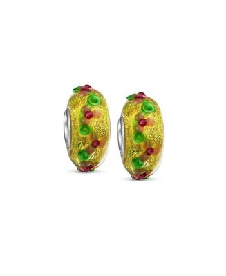 Bling Jewelry Set of 2 Multi-Color Gold Foil Murano Glass Charm Bead 3D Lampwork Flower Silver