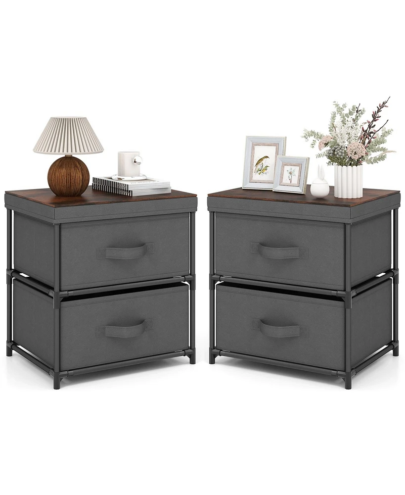 2-Drawer Nightstand with Fabric Bins and Pull Handles – Set of 2 Bedroom Storage Solutions