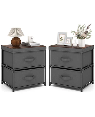 2-Drawer Nightstand with Fabric Bins and Pull Handles – Set of 2 Bedroom Storage Solutions