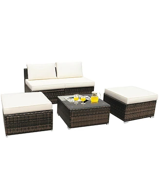 5PCS Patio Rattan Wicker Furniture Set Armless Sofa Ottoman Cushioned Garden