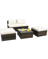 5PCS Patio Rattan Wicker Furniture Set Armless Sofa Ottoman Cushioned Garden