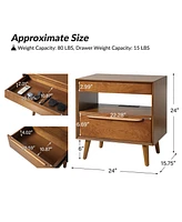 Jeraldo Mid-Century Modern 2-Drawer Nightstand with Built-In Outlets and Wooden Handle