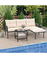 Gymax 3-Piece L Shaped Patio Furniture Set w/Tempered Glass Table Back & Seat Cushions