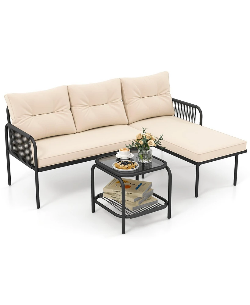 Gymax 3-Piece L Shaped Patio Furniture Set w/Tempered Glass Table Back & Seat Cushions