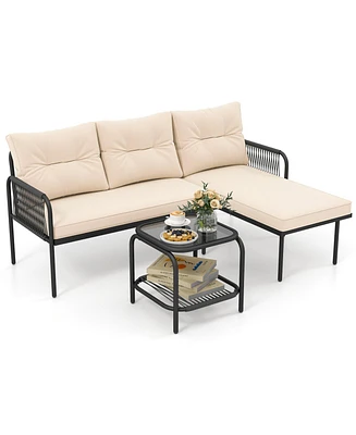 Gymax 3-Piece L Shaped Patio Furniture Set w/Tempered Glass Table Back & Seat Cushions