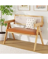 Rubber Wood Dining Bench – Armrests, Sherpa Upholstered Backrest, and Soft Padded Seat for Kitchen or Living Room Seating