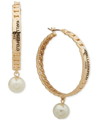Karl Lagerfeld Paris Gold-Tone Imitation Pearl Charm Logo Curb Chain Hoop Earrings