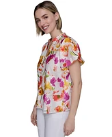 Karl Lagerfeld Paris Petite Floral-Print Flutter-Sleeve Top