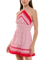 Trixxi Juniors' Halter-Neck Ruched-Waist Border-Print Dress