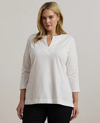 Lauren Ralph Women's Plus Split-Neck Three-Quarter Sleeve Cotton Tunic