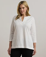 Lauren Ralph Women's Plus Split-Neck Three-Quarter Sleeve Cotton Tunic