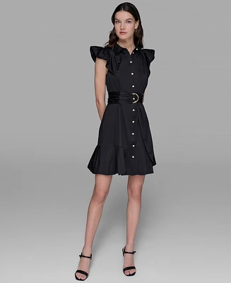Karl Lagerfeld Paris Women's Flutter-Sleeve Belted Flounce-Hem Dress