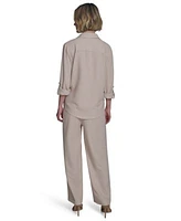 Halston Womens Collared Roll Tab Button Up Shirt Womens Drawstring Pull On Wide Leg Pants
