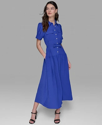 Karl Lagerfeld Paris Women's Belted Puff-Sleeve Midi Shirtdress