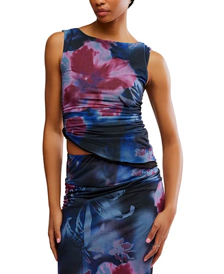 Free People Women's Ash Printed Ruched Mesh Top