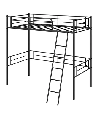Twin Size Loft Bed Metal Bed Frame with Ladder and Guardrails