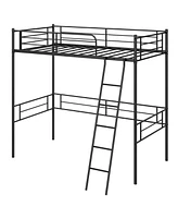 Twin Size Loft Bed Metal Bed Frame with Ladder and Guardrails