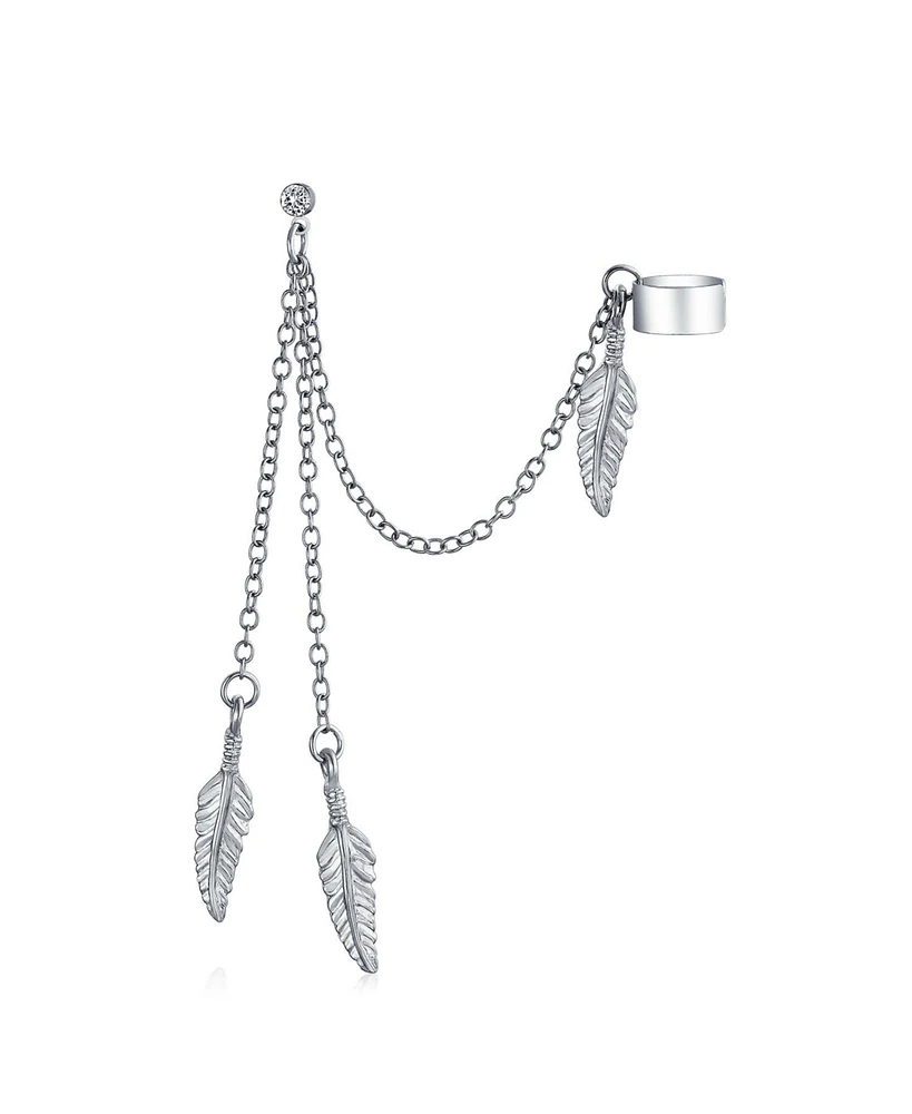 Bling Jewelry Multi Feather Leaf Dangling Cartilage Ear Lobe Helix Earring Wrap Chain Ear Cuff Stud Earring Silver Tone Stainless Steel
