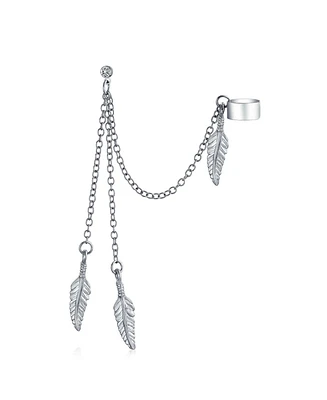Bling Jewelry Multi Feather Leaf Dangling Cartilage Ear Lobe Helix Earring Wrap Chain Ear Cuff Stud Earring Silver Tone Stainless Steel
