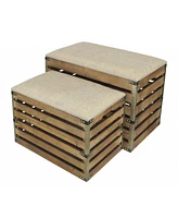 Set Of 2 Rectangular Linen Fabric And Wood Slats Storage Benches