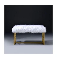 18" White and Gold Upholstered Faux Fur Bench